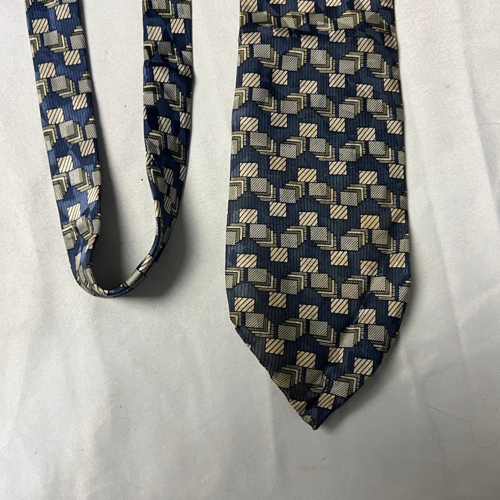 Ron Chereskin Silk Geometric Pattern Necktie Navy Blue Gold Gray‎